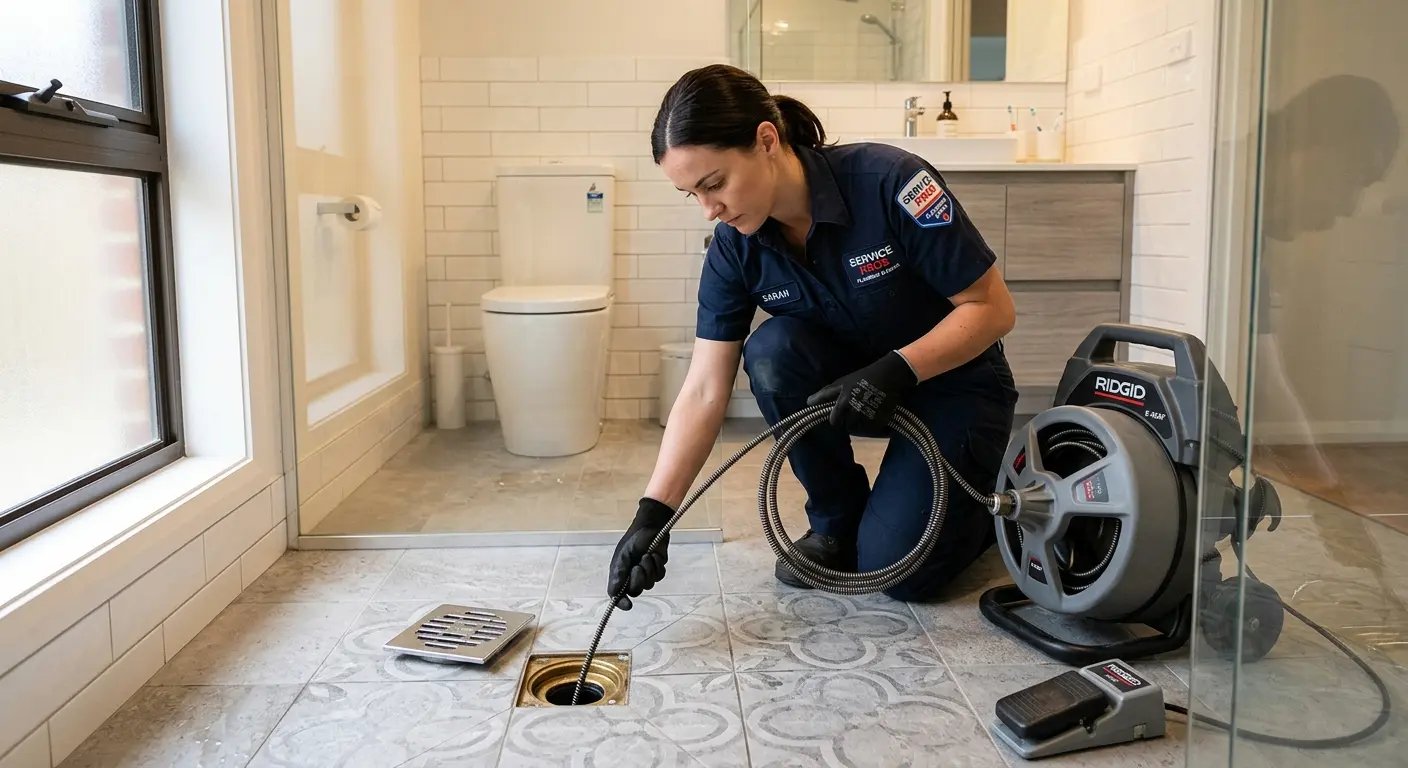 Technician clearing a bathroom floor drain for Hydro Jetting in Avon